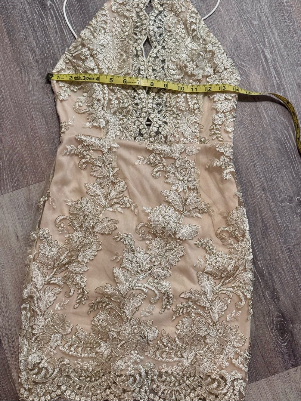 Gold Embellished Halter Mini Dress in Champagne - Size Small - Picture 5 of 7